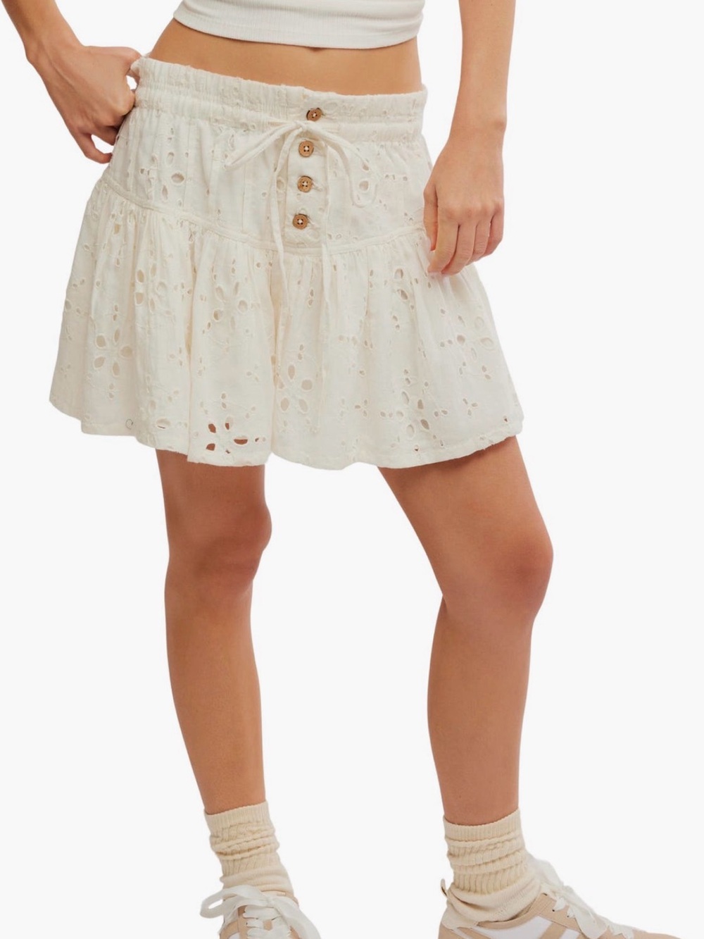 Free People Roselle Eyelet Tie Waist Mini Skirt in Ivory NWT - Picture 2 of 5